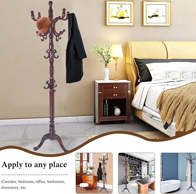 Coat Rack Stand, Solid Wooden Coat Tree with 14 Hooks, Heavy Duty Coat Rack Freestanding with Sturdy Round Base, Natural Birch Wood Coat Hanger Stand for Entryway Bedroom (Triangle Redwood)