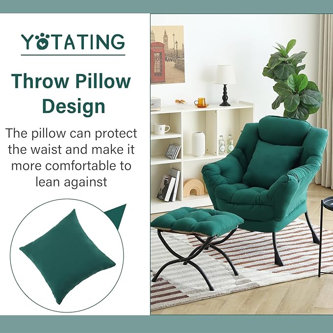Lazy Chair with Ottoman, Comfy Reading Chair with Footstool & Pillow Modern Lounge Chairs with Armrests & Side Pocket for Living Room, Bedroom, Dorm Room,Dark Green