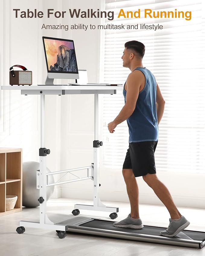 Small Standing Desk Adjustable Height, Mobile Stand Up Desk with Wheels, 32 Inch Portable Rolling Desks Computer Office Workstations for Walking Pad Treadmill White