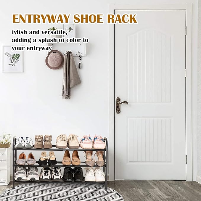 3-Tier Expandable Shoe Rack for Closet,Adjustable Shoe Rack,Black Metal Free Standing Shoe Rack for Entryway Closet Doorway
