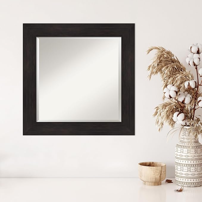 Amanti Art Brown Wall Mirror 26x26 Furniture Espresso Square Bathroom Mirror for Wall Decor Living Room, Medium Casual Frame, Hangs Horizonally and Vertically, Bathroom Decor, Beveled Edge