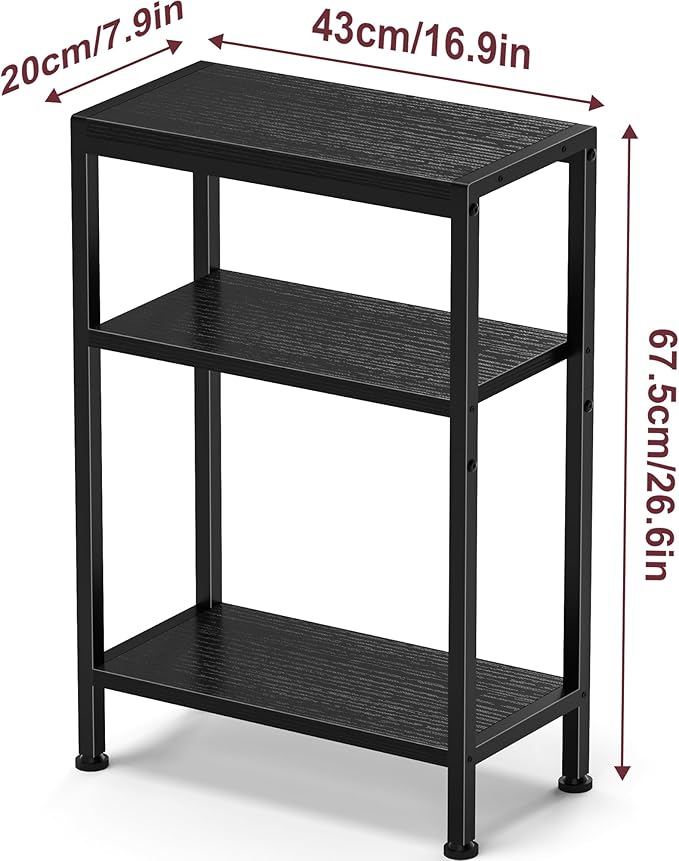 Narrow Side Table for Small Space, 3-Tier Small End Table with Shelf Holder, Slim Nightstand, Skinny Snack Couch Table in Living Room, Bedroom, Study, Kitchen and Balcony(Black