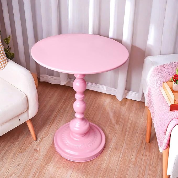 Benkyo Pink Round End Side Table Modern Metal Pedestal Spindle Side Tables for Living Room Bedroom,Pink