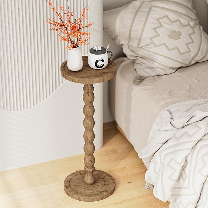 Solid Wood Drink Table, Rubber Wood Small Round Side Table for Small Spaces, Martini Tables, Pedestal End Tables for Living Room, Bedroom, Corners, and Office (Brown, 9.4 inch)