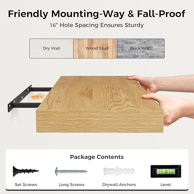 12 Inch Deep Floating Shelves, 24 x 12 Floating Shelf for Books, Rustic Wood Deep Wall Shelves for Home Storage & Display, 2" Thicked Shelves for Kitchen, Living Room, Bedroom, Oak Color, 2 Pack