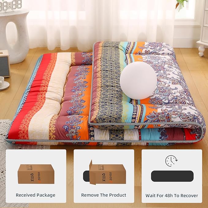 Bohemian Retro Japanese Floor Mattress, Vintage Floral Tatami Floor Mat, Portable Roll up Futon Mattress for Guest,Tavel (B,Twin 80" x 36")