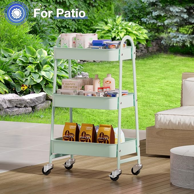 OLIXIS 3 Tier Utility Rolling Cart with Lockable Caster Wheels, Metal Mobile Storage Shelf, Organization for Livingroom, Bathroom, Kitchen, & Narrow Places, Pale Green