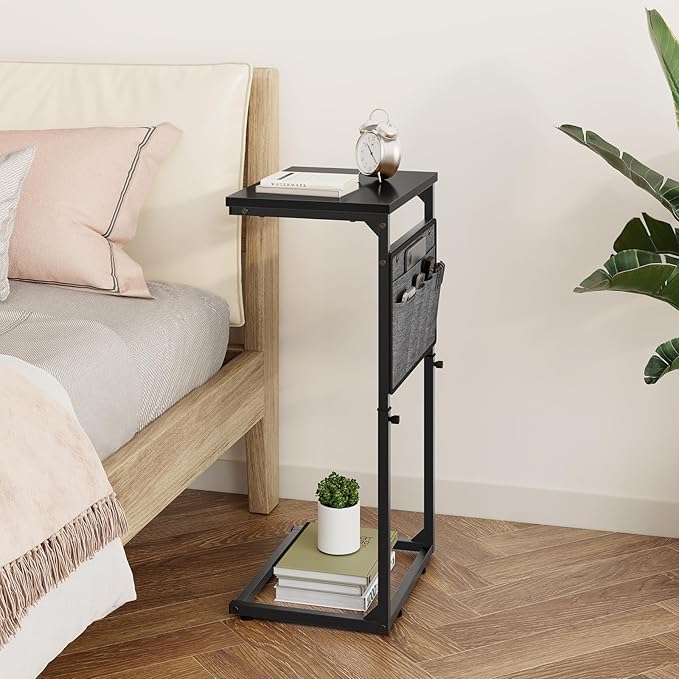 Vagusicc C Shaped End Table, Set of 2 Tall Side Table for Couch, Adjustable Height Small Couch Side Table for Small Spaces, End Table Slide Under Sofa Table TV Tray Arm Table for Living Room, Black