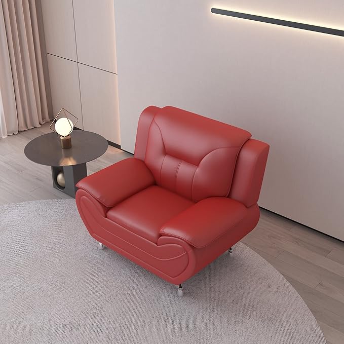 Container Furniture Direct Michael Modern Faux Leather Upholstered Stainless Steel Legs Living Room Sofa, Chair, Persian Red