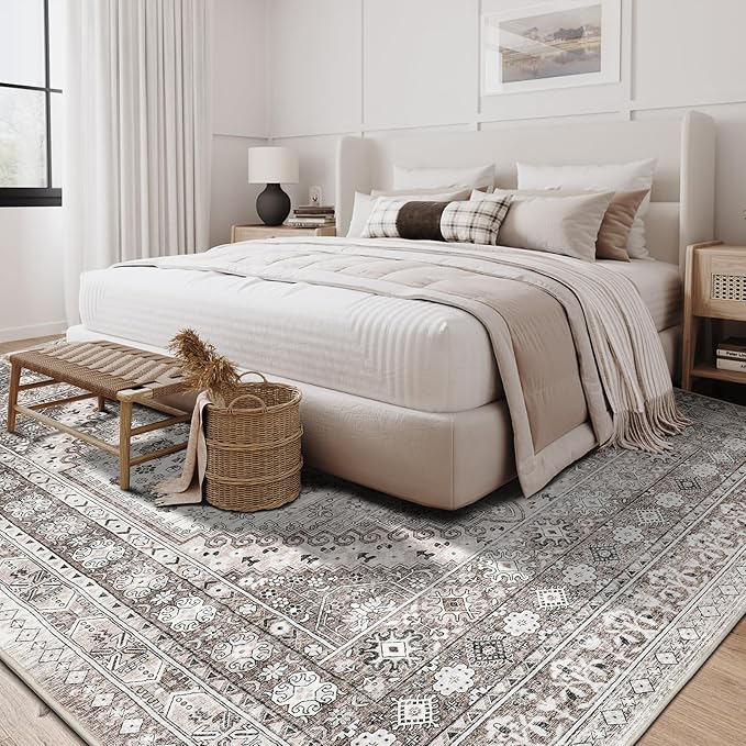 zesthome 8x10 Area Rugs for Living Room,Non-Slip Backing Washable Rugs,Vintage Large Area Rug,Stain Resistant Home Decor Rug (Brown/Beige,8'x10')