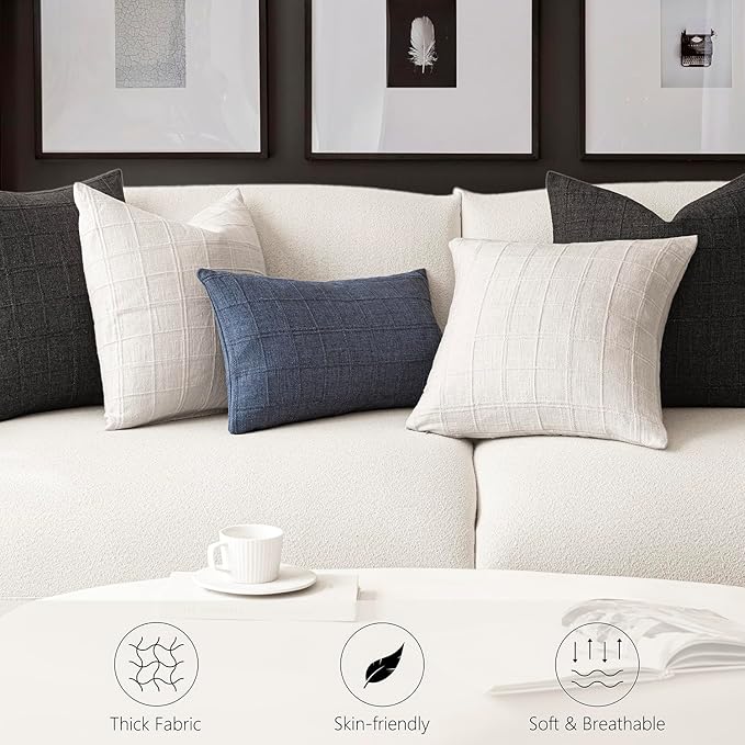 Foindtower Set of 2 Decorative Linen Check Throw Pillow Covers Neutral Farmhouse Vintage Cushion Covers Modern Boho Home Decor for Sofa Chair Couch Bedroom Living Room Outdoor,18×18 Inch,Cream White