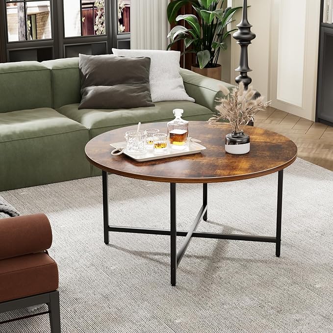 Round Coffee Table, 31.5" Circle Coffee Table,Modern Round Coffee Tables Living Room, Large Coffee Table Round for Indoor & Outdoor Use, Office, Patio or Garden, Rustic Brown (31.5" D*17.7" H)