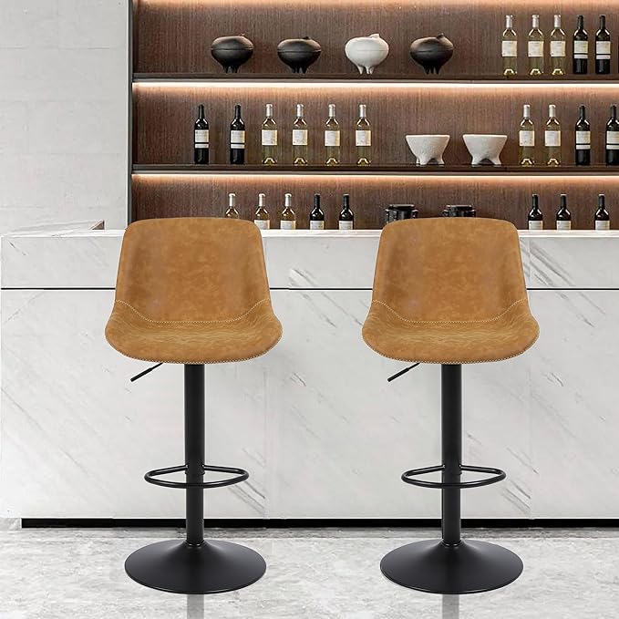 Bar Stools, Swivel Counter Height Barstools with Back, Adjustable Modern Bar Chairs, Tall Armless PU Leather Kitchen Island Stool (Yellow, Set of 2)