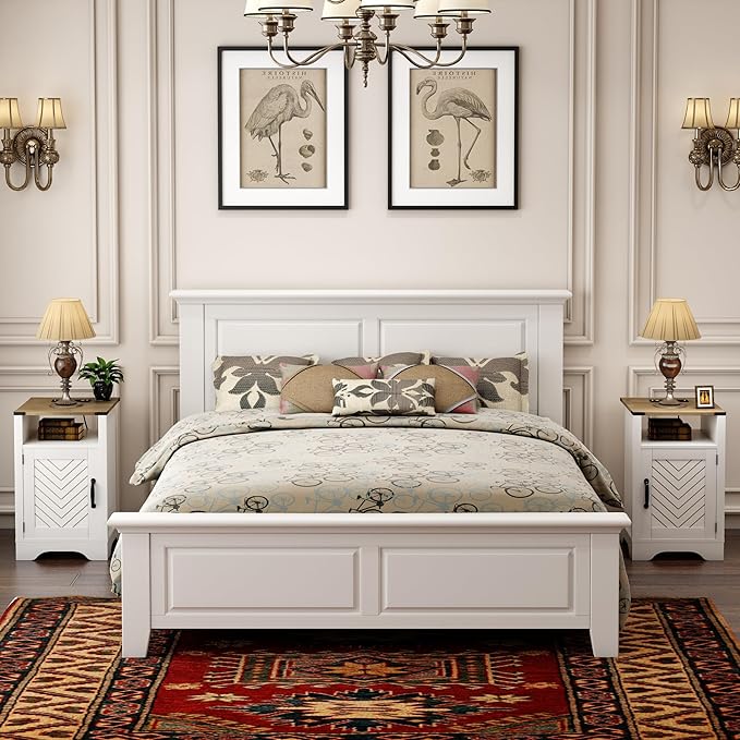 RoyalCraft Nightstand Set of 2, White End Table with Charging Station, Tall Farmhouse Bedside Table with Large Storage and Shelf, Wooden Side Table with for Bedroom, Home Office, White and Rustic Oak