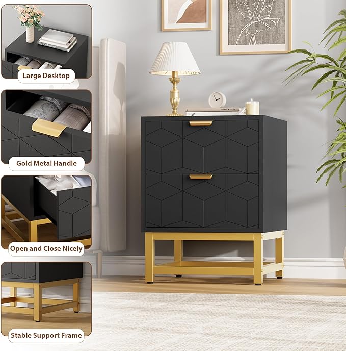 GAOMON Black 2 Drawer Dresser, Small Dresser&Chest of Drawers, Modern Nightstand for Bedroom, End Table with Drawer for Living Room, Hallway, Entryway