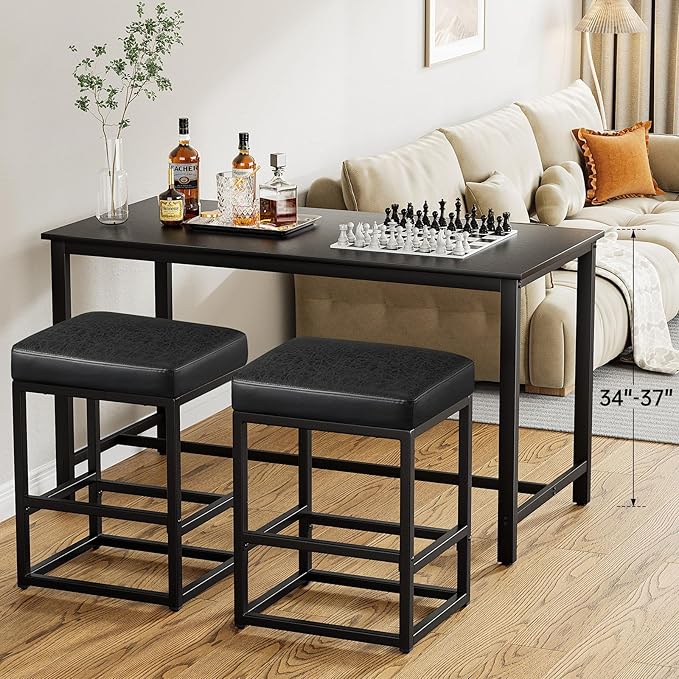 Counter Height Bar Stools Set of 3, 24" Barstools for Kitchen Countertop, Faux Leather Counter Stools with Thick Square Seats & Sturdy Metal Base, Simple Assembly, Gray