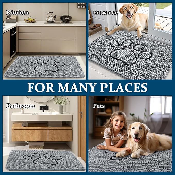 OLANLY Door Mat for Muddy Dog Paws 54x32, Ultra Absorbent Chenille Mud Doormat with Paw Print Design, Non-Slip Washable Doormat for Indoor Entryway, Quick-Dry Pet Bed Mats for Dirty Dogs, Grey