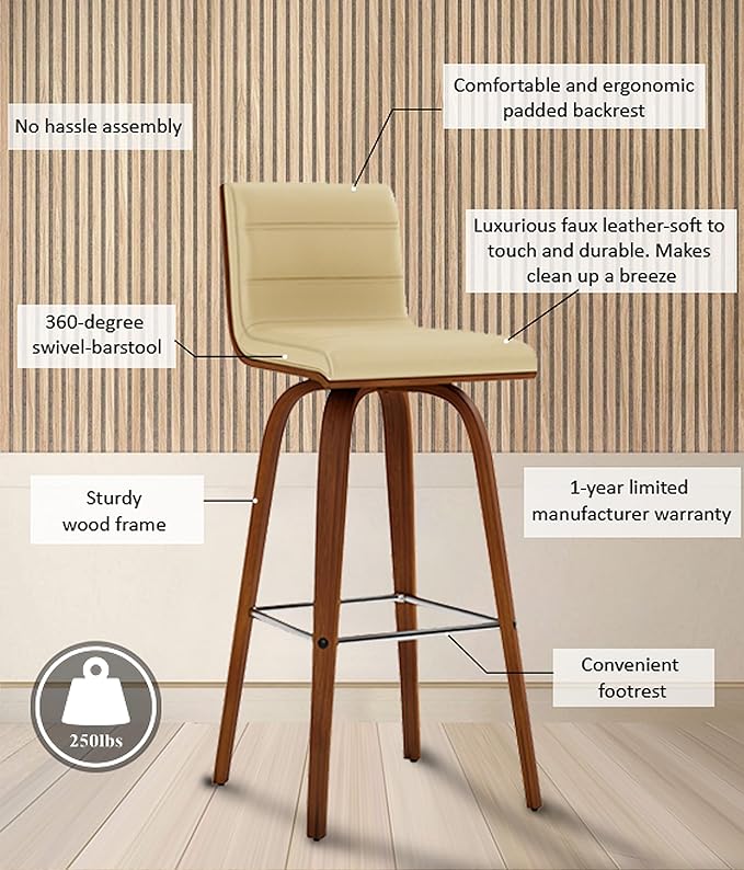 Vienna 30" Swivel Bar Stool in Walnut Wood Finish with Cream Faux Leather - Set of 2