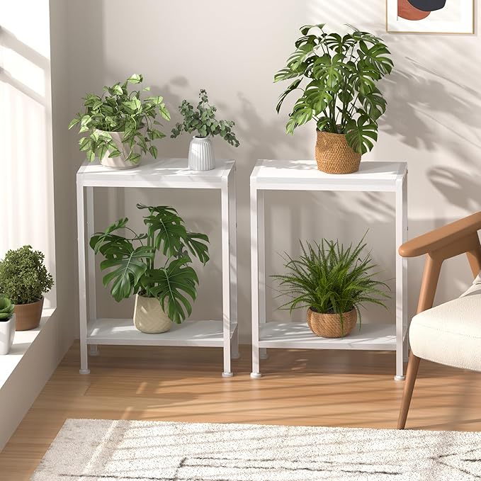 Narrow Side Table for Small Space Set of 2, 2-Tier Small End Table with Shelf Holder, Slim Nightstand, Skinny Snack Couch Table in Living Room, Bedroom, Study, Kitchen and Balcony(White
