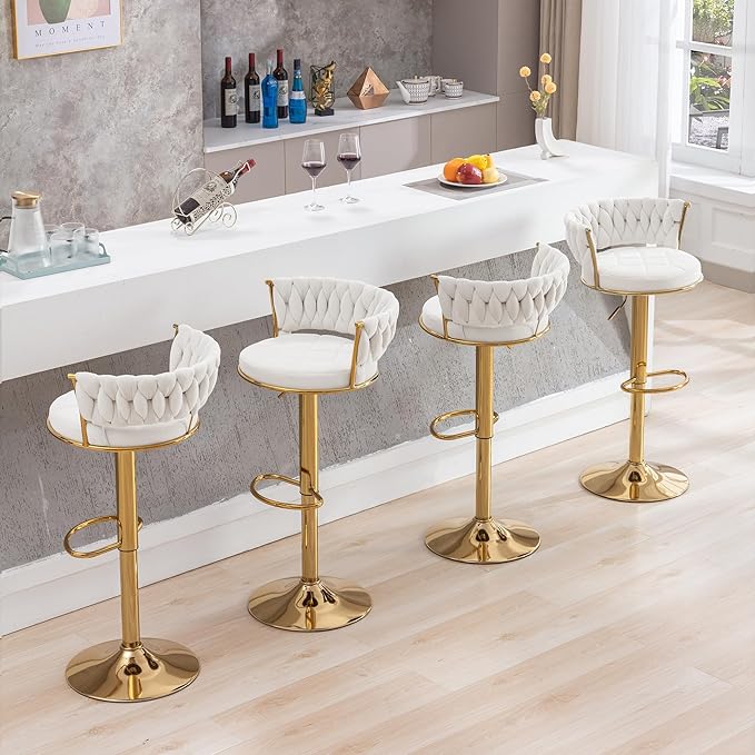 VECELO Bar Stools Set of 4, Modern Luxury Velvet Woven Counter Height Stools with Back and Arm, Gold Metal Leg & Base, 360 Swivel Bar Chair for Pubs Dining Room, White