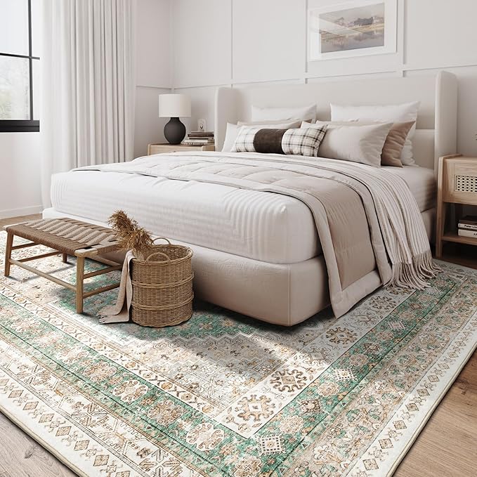 zesthome 8x10 Area Rugs for Living Room,Non-Slip Backing Washable Rugs,Vintage Large Area Rug,Stain Resistant Home Decor Rug (Green/Brown,8'x10')