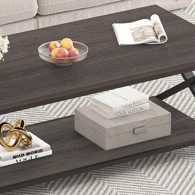 HSH Gray Coffee Table for Living Room, Minimalist Rectangle Center Table with Storage Shelf,Industrial Dark Wood and Metal Cocktail Tea Table, Office Simple 2 Tier Display Coffee Table, 47 Inch