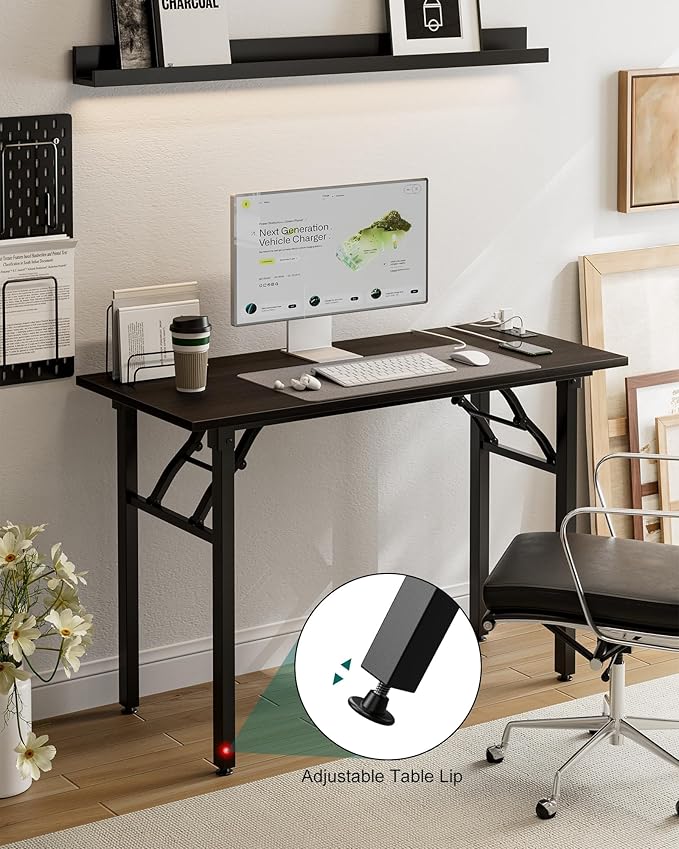 Frylr Small Folding Computer Desk β 43.3 Inch Portable Table for Craft and Study, Lightweight Desk for Small Spaces, Foldable Laptop Table Built-in AC/USB Outlets for Convenience, Charcoal Wenge