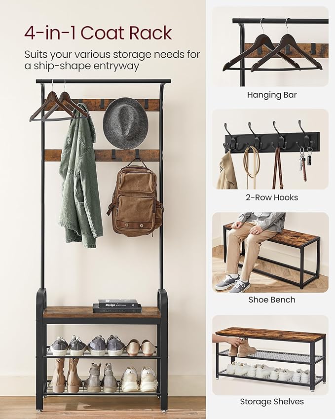 VASAGLE 5-Tier Industrial Bookshelf and 4-in-1 Entryway Coat Rack with Shoe Bench