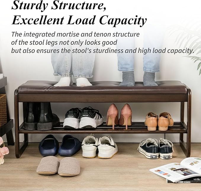 Shoe Bench, Entryway Bench with Leather Cushion, Solid Wood Shoe Rack, Mid Century Modern Bench, Shoe Storage, Shoe Organizer for Entryway (Grey, 31.5" W)