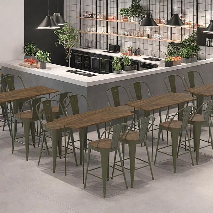 24” Swivel Bar Stools Set of 4, Counter Height Bar Stools Wooden Seat, Metal Industrial Bar Chairs with High Back for Kitchen Island (Rusty)