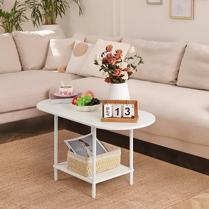 White Coffee Table for Living Room, Small Oval Coffee Table with Storage and Wood Tabletop, Mid Century Round Center Table for Small Space, Home Office