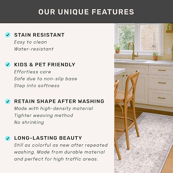 Light Gray Washable 2x8 Hallway Runners, Kitchen Runner Rug, Non-Slip & Stain Resistant 8ft Long Entryway Floor Rug, Neutral Boho Floral Décor