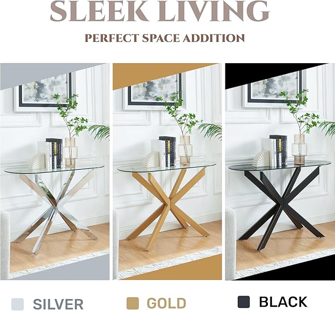 Gold Glass Oval Console Table, Modern Style Entryway Hallway Narrow Sofa Table, Entrance for Entryway, Living Room, Foyer, Hallway, Office, 45" Lx18 Wx30 H Gold