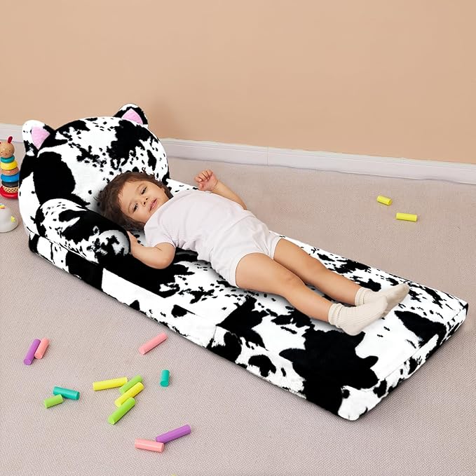 Toddler Chair with Faux Rabbit Fur – 2-in-1 Foldable Kids Couch, Soft Sofa for Reading, Napping, Bedroom or Playroom Use, 18 Months+ (Cow & Cat)