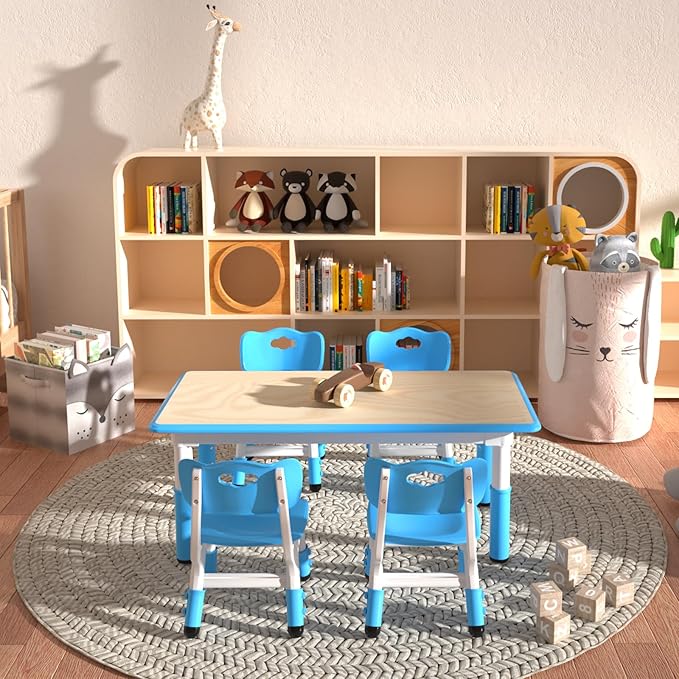 Kids Table and 4 Chairs Set,Height Adjustable Children Table & Chair,Toddlers Study Multi-Activity Table with 47.2"x23.6" Wipe-Clean Desktop,for Classrooms, Homes & Daycares