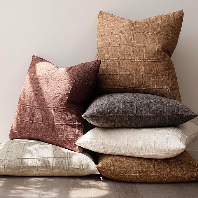 Foindtower Set of 2 Decorative Linen Check Throw Pillow Covers Neutral Farmhouse Vintage Cushion Covers Modern Boho Home Decor for Sofa Chair Couch Bedroom Living Room Outdoor,18×18 Inch,Autumnal Red