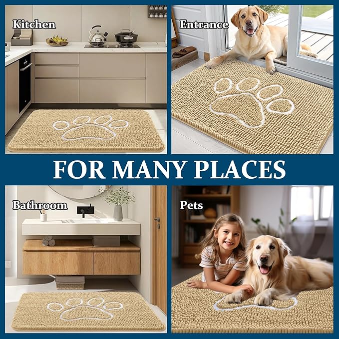 OLANLY Door Mat for Muddy Dog Paws 59x24, Ultra Absorbent Chenille Mud Doormat with Paw Print Design, Non-Slip Washable Doormat for Indoor Entryway, Quick-Dry Pet Bed Mats for Dirty Dogs, Beige