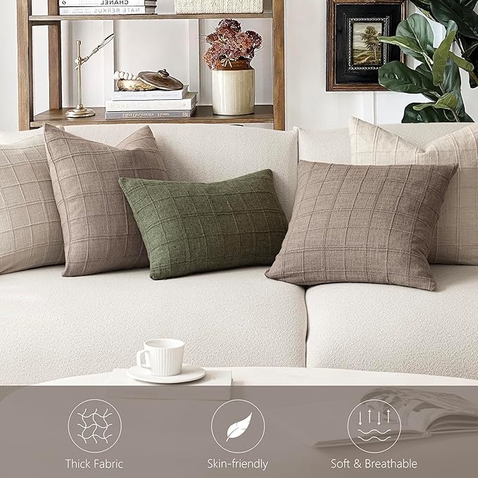 Foindtower Set of 2 Decorative Linen Check Throw Pillow Covers Neutral Farmhouse Vintage Cushion Covers Modern Boho Home Decor for Sofa Chair Couch Bedroom Living Room Outdoor,24×24 Inch,Tan Taupe