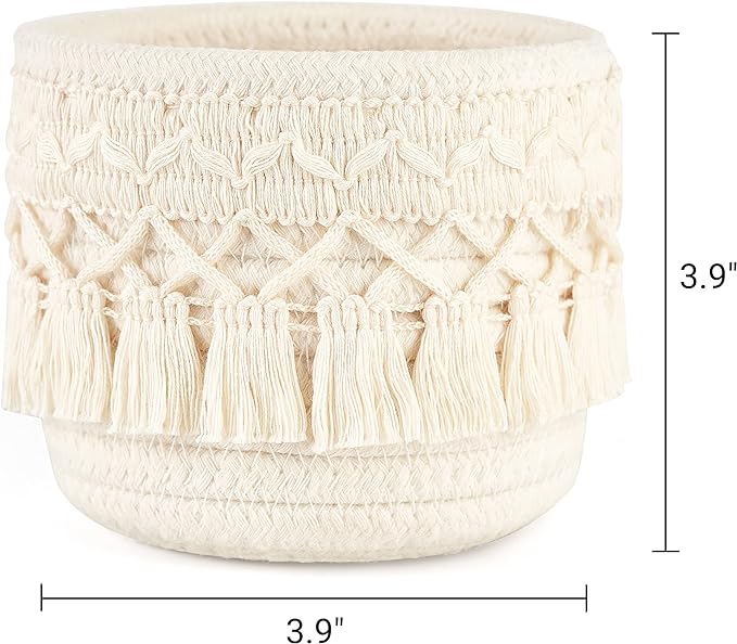 Mkono Macrame Makeup Brush Holder Organizer Comb Brushes Mini Storage Basket Set of 2 Boho Decor Baskets for Pen Pencil Box Container ,Ivory