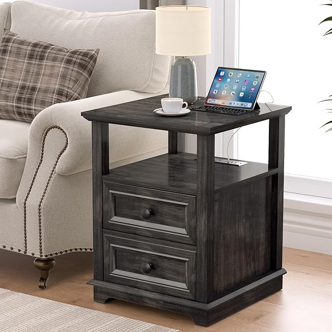 End Table with Fast Charging Station Set of 2, 18" Wide Sofa Side Table with Drawers, Large Storage Rustic Wood Square Storage Cabinet for Living Room