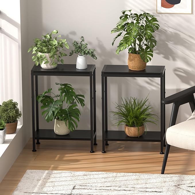 Narrow Side Table for Small Space Set of 2,2-Tier Small End Table with Shelf Holder, Slim Nightstand, Skinny Snack Couch Table in Living Room, Bedroom, Study, Kitchen and Balcony(Black