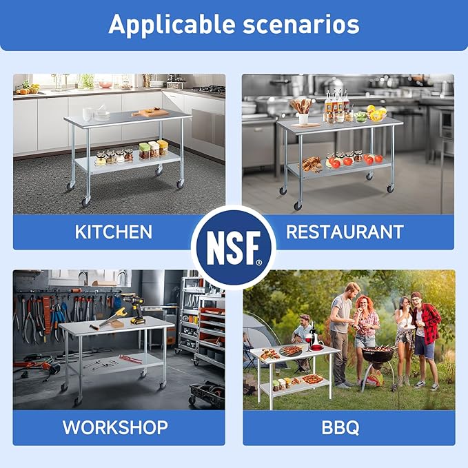 Stainless Steel Table for Prep & Work with Caster & Backsplash 24x48 Inches, NSF Metal Commercial Kitchen Heavy Duty Table with Adjustable Under Shelf and Table Foot for Restaurant, Home and Hotel