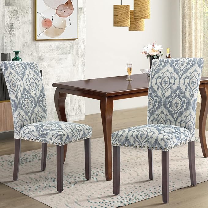COLAMY Upholstered Parsons Dining Chairs Set of 4, Fabric Dining Room Kitchen Side Chair with Nailhead Trim and Wood Legs - Blue/White Flower