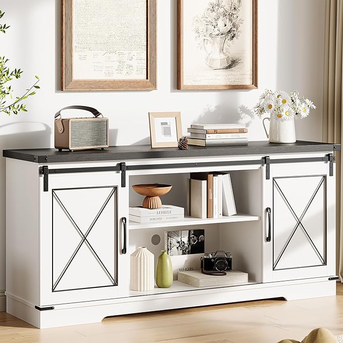 IDEALHOUSE Farmhouse TV Stand and Entertainment Center for Tv up to 65 inches with Sliding Barn Doors and Adjustable Shelf, Tv Media Console Table with Storage Cabinet for Living Room, White & Black