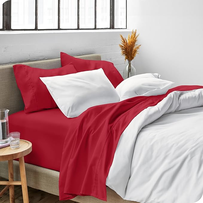 Bare Home Split King Sheet Set - 1800 Ultra-Soft Microfiber Bed Sheets - Double Brushed - Deep Pockets - Easy Fit - 5 Piece Set - Bed Sheets & Pillowcases (Split King, Red)