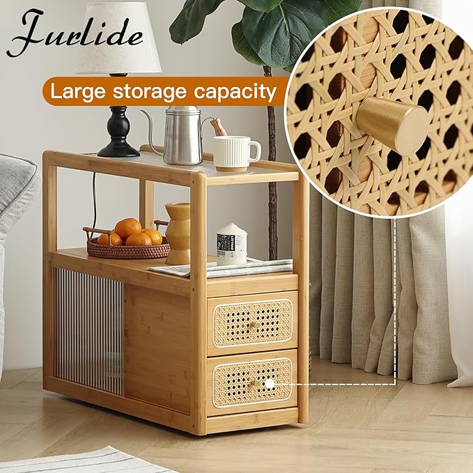 Rattan Nightstand Side Table with Storage, Bamboo Nightstand Bedside Table, Glass Mid Century Modern End Tables for Small Spaces, Living Room, Bedroom,Wood