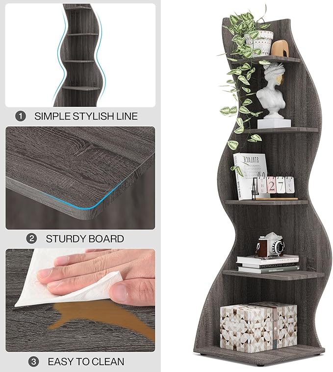 Tribesigns Corner Shelf, Modern 5-Tier Wall Corner Bookshelf, Stylish Corner Small Bookcase Storage Rack Plant Stand with Unique Shape for Living Room, Home Office, (1PC, Gray)