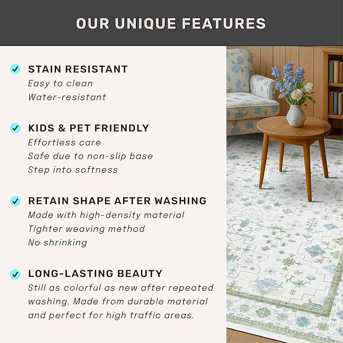 Turkish 3x8 Wide Hallway Runner - Cream Green Oushak Boho Floral, Washable Low Pile Non Slip Stain Resistant Rug for Kitchen, Bathroom, Hall Way