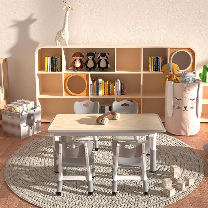 Kids Table and 4 Chairs Set,Height Adjustable Children Table & Chair,Toddlers Study Multi-Activity Table with 47.2"x23.6" Wipe-Clean Desktop,for Classrooms, Homes & Daycares
