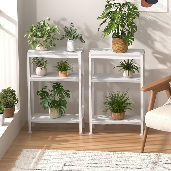 Narrow Side Table for Small Space Set of 2, 3-Tier Small End Table with Shelf Holder, Slim Nightstand, Skinny Snack Couch Table in Living Room, Bedroom, Study, Kitchen and Balcony(White